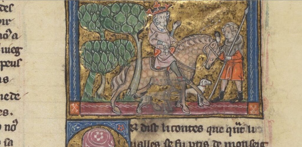 An image from a manuscript showing a smudged section where people have rubbed out the features of a dog. Manchester, John Rylands MS French 1, f. 133r. Cropped from an image provided by The John Rylands Research Institute and Library, The University of Manchester.